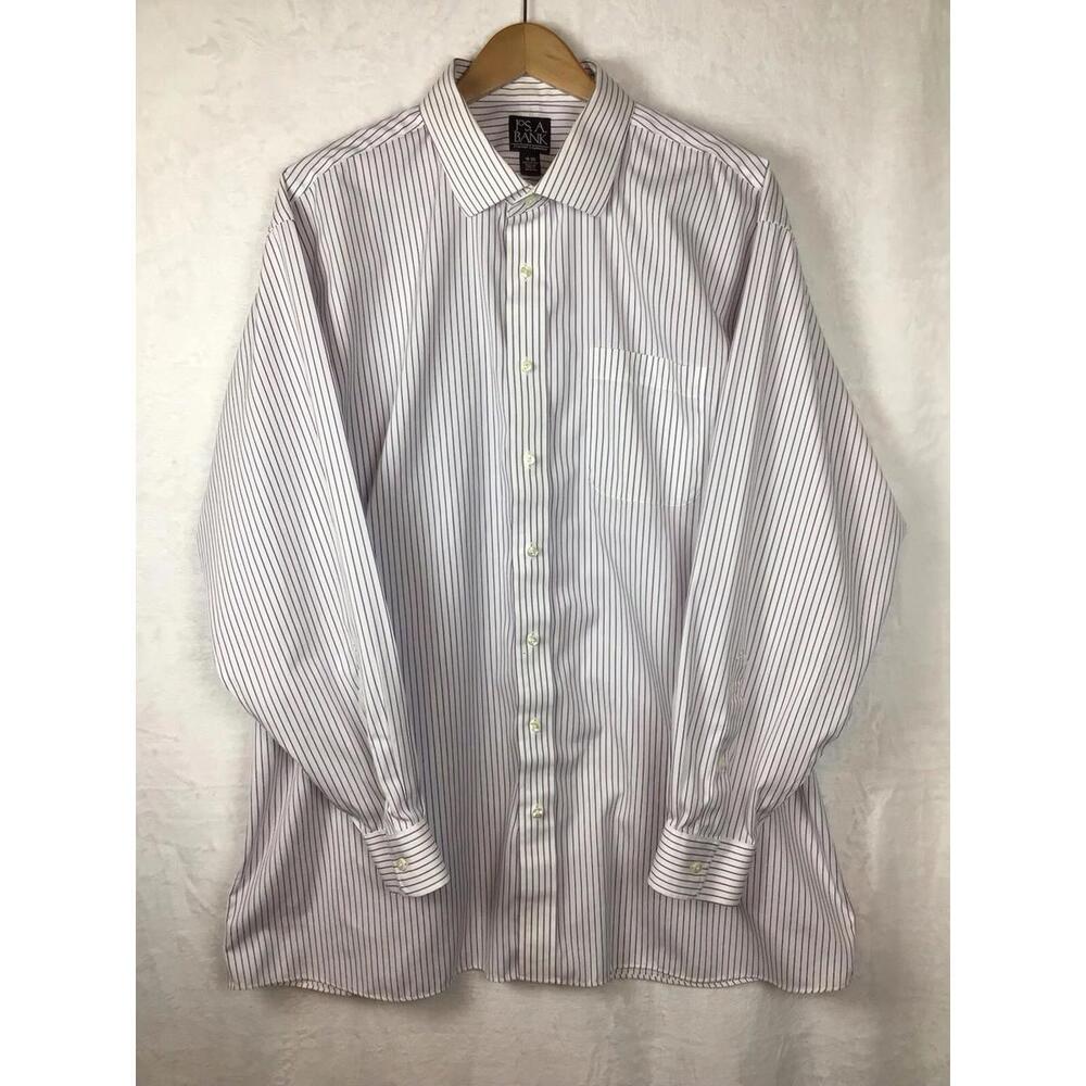 Jos A Bank Traveler Shirt Mens 18-35 White Purple Stripe 100% Cotton Dress